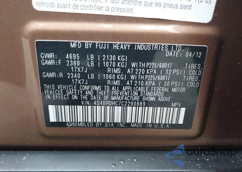 2012 Subaru Outback 3.6R Premium z USA, uszkodzony, nr VIN 4S4BRDHC7C2290889